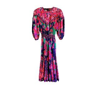 Vintage Diane Freis Original Floral Georgette Dress With Puff Sleeves & Smocked